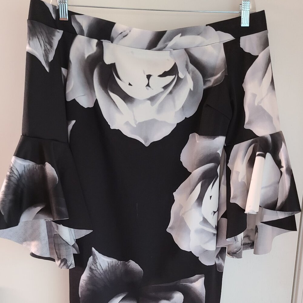 FLORAL-OFF The Shoulder Black & White Bell Sleeve Mini Dress